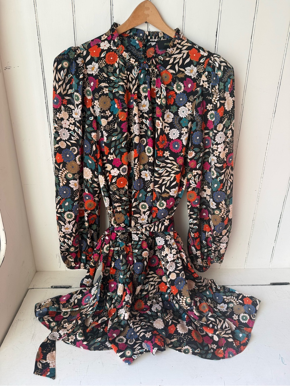 Maia Black Vibrant Multicolor Floral Ruffle Mock Neck Petite Dress 12P
